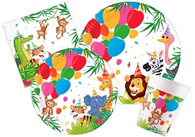 Kit Party Tavola animali Jungle Balloons per 8 persone (44 pezzi: 8 piatti Ø23cm, 8 piatti Ø20cm, 8 bicchieri 200ml, 20 tovaglioli 33x33cm) in carta FSC