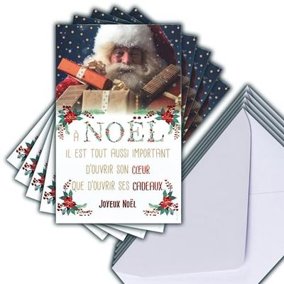 Set van 5 Kaarten Vrolijk Kerstfeest Glanzend Rood + 5 Witte Enveloppen Formaat 14 x 9 cm - Kerstman Magie Feestdagen Cadeaus voor Kleine en Grote Kinderen Hart Generositeit Poinsettia Rode Bessen