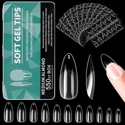 Alyvisun Almond Nail Tips, 550 Pcs Clear False Nails with 240 Pcs Soft Gel Nail Stickers Set, 11 Sizes Acrylic Fake Nails Full Cover Half Matte Nail Kit for Press on Nails Extensions