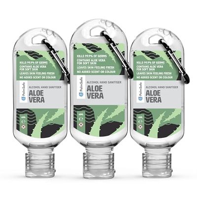Palm Safe Aloe Vera 3 Pack 60ml Anti Bacterial Premium Hand Sanitiser Travel Size Refillable Clip Bottle Quick Drying Non Sticky Extra Moisturising Kills 99.9% of Viruses and Bacteria
