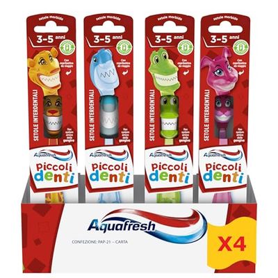Aquafresh Piccoli Denti, Spazzolino da denti per bambini con denti da latte, per bambini da 3 a 5 anni, morbido per le gengive, confezione da 4 unità (inviate in modo casuale)