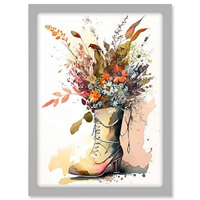 Spring Wildflower Bouquet in High Heel Army Boot Artwork Framed A3 Wall Art Print