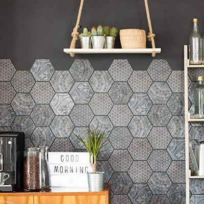 Stickers adhésifs carrelages hexagones | Autocollant Carreaux de ciment - Mosaïque mural salle de bain & cuisine - 20x18 cm - 28 pièces