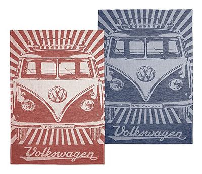 BRISA VW Collection – Volkswagen disk-torkning-kök-handduk-set om 2 i T1 Bulli-buss (samba/ränder/röd)