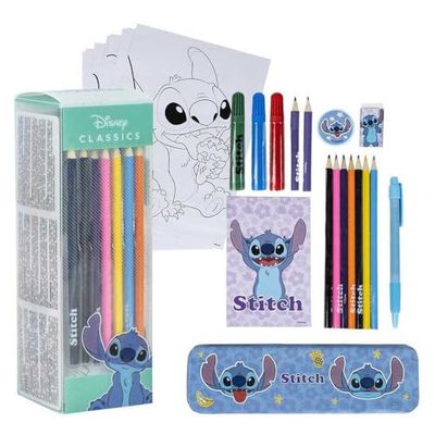 Schrijfwarenset, geïnspireerd op Stitch, blauw, 11 x 24 x 9,5 cm, bevat alles wat je nodig hebt om in te kleuren, origineel product, ontworpen in Spanje