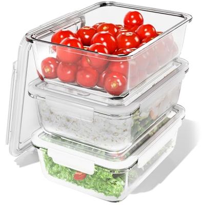 Classbach® Meal Prep Boxen, set di 3 contenitori in vetro con coperchio adatti a lavastoviglie, microonde e forno, contenitori in vetro per una dieta sana, 3x 1040 ml - C-FHD 4020 G