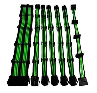 SET 7 UITBREIDINGEN 30 CM NYLON GROEN/ZWART: 24Pin, 4+4 Pin, 4 x PCI-E 6+2, 4 x SATA