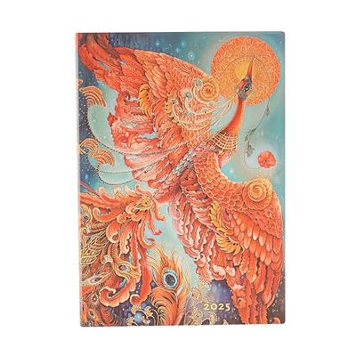 Paperblanks Agenda 12 Mesi Flexi 2025, Uccello di Fuoco, Giornaliera - Midi (175mm x 120mm), Inglese (Festività Internazionali): jeden dzień na stronie, zamykany na gumkę, papier 80 gsm