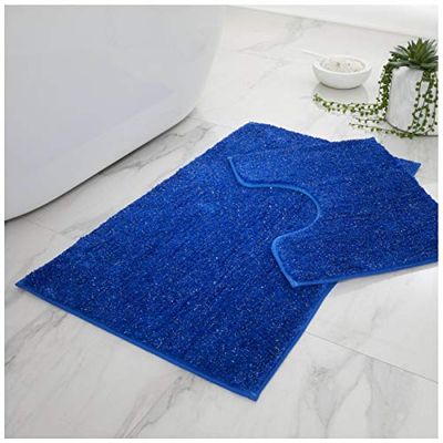 GC GAVENO CAVAILIA Super Soft 2 Piece Shiny Sparkling Bath Mat Anti Slip Pedestal Set, Extra Comfort Water Absorbent Bathroom Toilet Rug, Regular (50x80, 50x40 cm), Royal Blue