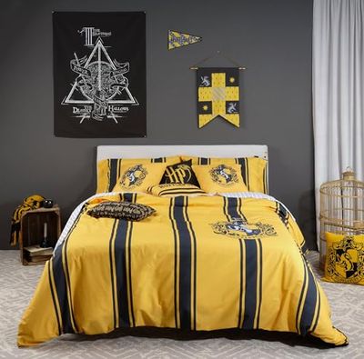 BELUM | Harry Potter Duvet Cover, 100% Cotton Hufflepuff Striped Duvet Cover with Buttons for 80 cm Beds (140 x 200 cm)