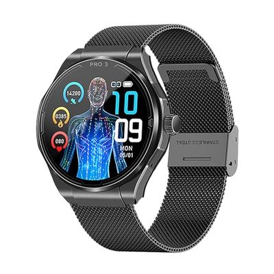 Knauermann PRO 3 (2024) nero – Orologio sanitario smartwatch con funzione telefonica – ECG + HRV e funzione SOS – display AMOLED BT Bluetooth – apnea notturna – fascia milanese nera, 14 – 24, rotondo,