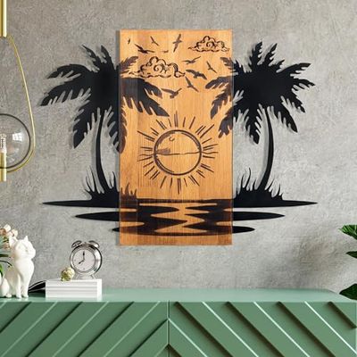 Elegant dekorativa väggtillbehör i trä, svart och valnöt, 74 x 57,5 cm | 100% metallram (1,2 mm) & massivt trä (3 cm) | Perfekt för modern inredning