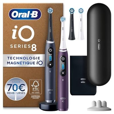 Oral-B iO Series 8 Plus Edition Lot de 2 brosses à dents électriques + étui magnétique, 6 modes de nettoyage, cadeau de fête des mères/fête des pères Noir/violet