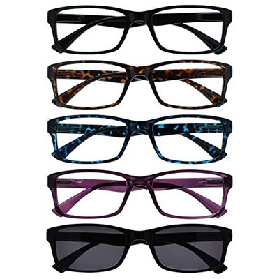 La Compañía Gafas De Lectura Negro Marrón Azul Púrpura Lectores Con Negro Lectores De Sol Valor Pack 5 Hombres Mujeres UVSR5092 +2,00
