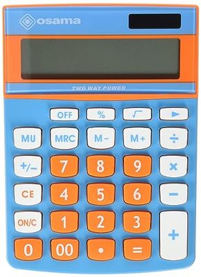 OSAMA - Calcolatrice da Tavolo per Ufficio con 12 Cifre, 3 Tasti Memoria e Doppia Alimentazione, Calcolatrice Professionale Grande con Mark Up per Lavoro e Università, 3.6x11.5x15.5cm, Azzurro/Arancio
