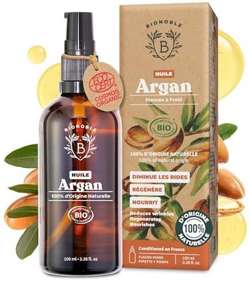 BIONOBLE Huile d'Argan Bio 100% Pure, Pressée à Froid au Maroc - Répare et Nourrit, Anti-Âge - Huile Argan Cheveux, Visage, Corps - Vegan - Flacon Verre avec Pompe et Pipette - 100ml