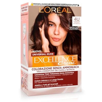 L’Oréal Paris Colorazione Permanente Excellence Universal Nude, Senza Ammoniaca, Con Riflesso Universale, Adatto a Tutti gli Incarnati, Colore Intenso a Lunga Tenuta, Castano 4u