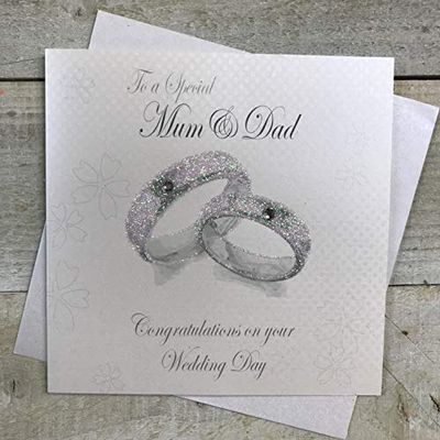 WHITE COTTON CARDS "to A Special Mum and Dad Congratulations On Your Wedding Day, handgemaakt, wit