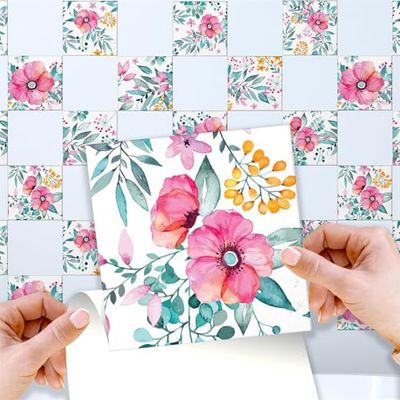 WALPLUS 24 Pcs 15cm(6") Tile Stickers Peel and Stick Backsplash Self-Adhesive Removeable Stick on Wall Vinyl Home Decoration DIY for Living Kitchen Bedroom Splashbacks - Sweet Spring Bouquet