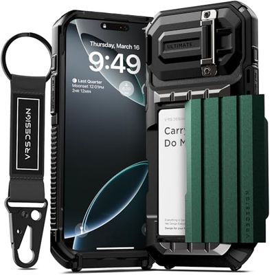 VRS DESIGN Damda Glide Ultimate för iPhone 16 Pro Max (2024), premium robust heltäckt kameralinsskydd, plånbok med multifunktionell rem (metallgrön)