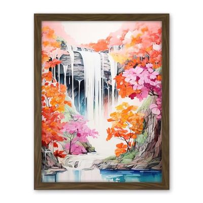 Artery8 Cascading Waterfall in Orange Pink Tree Lush Forest Vibrant Watercolour Painting Artwork Framed Wall Art Print 18X24 Inch