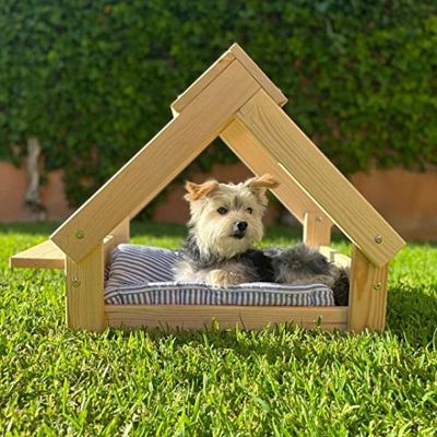 Skraut Home - Cuccia per Animali al Coperto | Casetta per Cani, Gatti o Conigli | Legno di Pino Naturale FSC | Supporto per 2 Ciotole | 76 x 44 x 55 cm | Nessun Letto | Cuccioli Piccoli o Medi