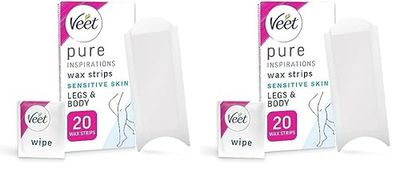 Veet Pure Cold Wax Strips For Legs & Body, Sensitive Skin, 20 Count + 2 Finish Wipes, Hypoallergenic Hair Removal, 28 Days Smoothness, Removes From Root (Packaging Varies) (Pack of 2)