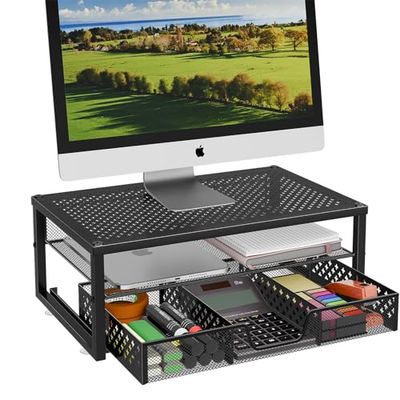 Ekisemio Support de moniteur en métal et organisateur de bureau d'ordinateur avec tiroir pour ordinateur portable, ordinateur, iMac, noir