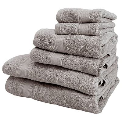 6 serviettes de bain: 2 serviettes de courtoisie 30x50; 2 serviettes de lavabo 50x90; 2 serviettes de douche 70x140cm 450 gr / m2 100% taupe de coton