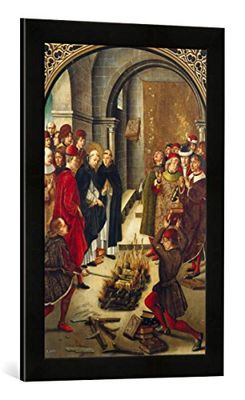 Ingelijste afbeelding van Pedro Berruguete "De vuurproef - verbranding van de boeken van de Dominicus van Guzmán", kunstdruk in hoogwaardige handgemaakte fotolijst, 40x60 cm, mat zwart