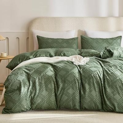 JELLYMONI Green Duvet Cover Set Queen Size - Microfiber Tufted, Boho Textured, Jacquard Rhombus Geometric Pattern Duvet Cover with Corner Ties & Zipper Closure
