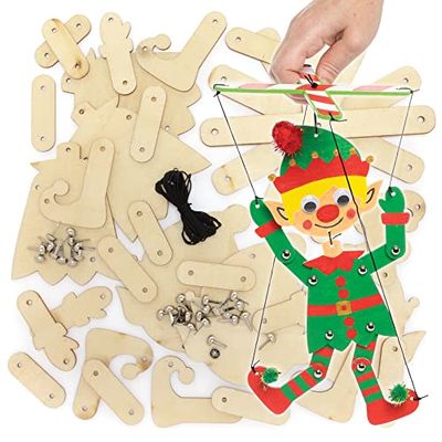 Baker Ross FE960 Christmas Elf Wooden Marionette - Pack of 3, Make Your Own Wooden Puppets, Puppets for Kids, Wooden Crafts for Kids to Assemble and Decorate