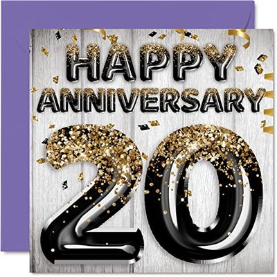 Awesome China Anniversary Card for Husband Boyfriend Wife Girlfriend - Black Gold Glitter Balloons - Happy 20th Anniversary Cards from Family, 145mm x 145mm Greeting Cards for Twentieth Anniversaries