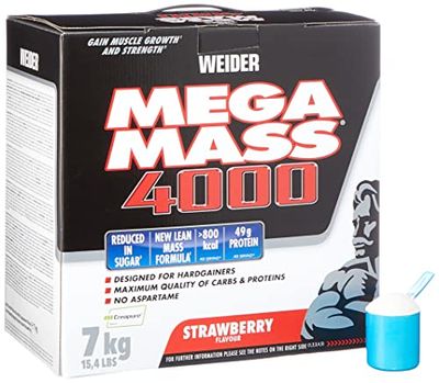 WEIDER Mega Mass 4000, Fraise Milkshake Gainer avec de la Créatine et de la Protéine, Bodybuilding/Fitness, 7kg