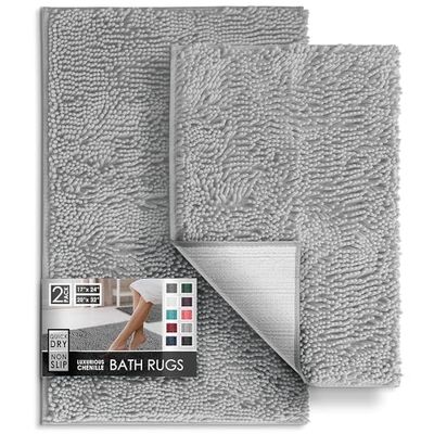 Hearth & Harbor Bathroom Rugs, Chenille Bath Mat - Machine Washable Bath Mats for Bathroom Non-Slip Backing Rubber, Quick Dry Bathroom Mat, Small - Medium Silver