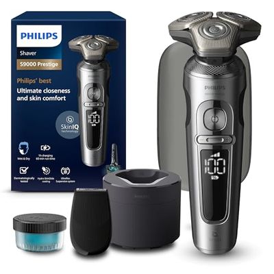 Philips Shaver S9000 Prestige, rasoio elettrico Wet & Dry, Bright Chrome, tecnologia Lift & Cut e SkinIQ, rifinitore di precisione, custodia per la pulizia e astuccio di qualità, modello SP9841/32