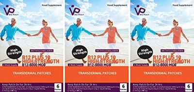 Vie Patch - Vitamin B12 Plus 10 - HIGH Strength - B12-5000 MCG. 3 x 6 Patches. No More Feeling Tired Or Sluggish. 100% Natural. 18 Weeks Supply