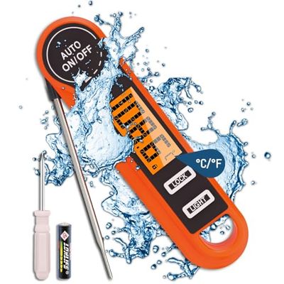 Meat Thermometer with Foldable Food Temperature Probe, Waterproof Food Thermometer with Backlight LCD Screen & Auto On/Off, Cooking Thermometer for Meat, BBQ, Water, Milk, Cooking Food (Orange)