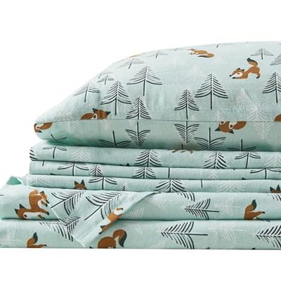 Comfort Spaces Bomullsflanell andningsbar varm djup ficka lakan med örngott sängkläder, dubbel XL, havsskum rävar 3 delar