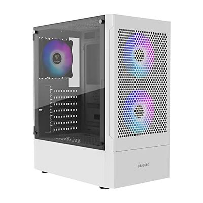GAMDIAS TALOS E3 MESH WH Caja para PC ATX Mid Tower, 3 Ventiladores ARGB 120 mm, Frontal Malla Alto Flujo, Panel Vidrio Templado, Sincronización Placa Base, Blanco