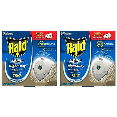 Raid Night & Day Trio Antizanzare e Antimosche con Sabbia Compressa, Confezione da 4 Ricariche, Senza Profumazione