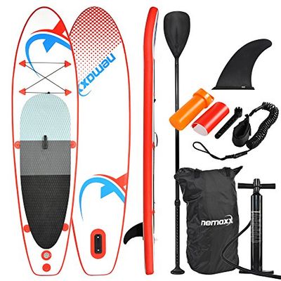 Nemaxx PB305 Stand Up Paddle Board 305 x 76 x 10 cm, röd/blå – SUP, surfbräda, surfbräda – uppblåsbar och lätt att transportera – inkl. väska, paddel, fin, luftpump, reparationssats, fotkoppel