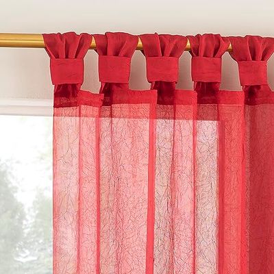 No. 918 Margaret 2-Pack Holiday Twist Tab Crushed Texture Sheer Tab Top Curtain Panel Pair, 51" x 63", Holiday Red