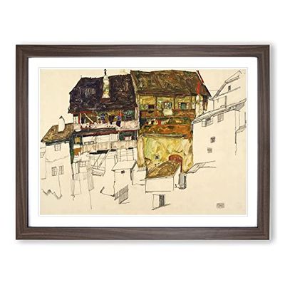 Old Houses In Krumau By Egon Schiele Classic Painting Framed Wall Art Print, Ready to Hang Picture for Living Room Bedroom Home Office Décor, Walnut A3 (46 x 34 cm)