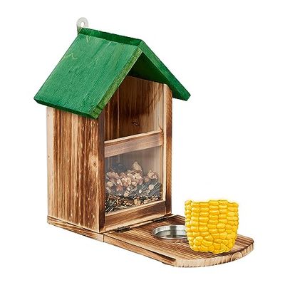 Relaxdays Karmnik dla wiewiórek, drewno, stacja do karmienia wiewiórek z uchwytem na kolbę kukurydzy, miska, platforma do siedzenia, naturalna/zielona, 1 sztuka