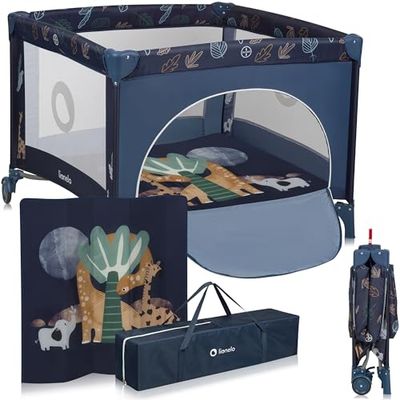 LIONELO Bonnie Kinderbox en Ledikant - Veilige Opvouwbare Speel voor Kinderen tot 15 kg - Ademend Gaas, Ritsingang, Kwaliteitsmatras T25, Gemakkelijk te Vervoeren Baby Bed en Reisbedje (Marine)