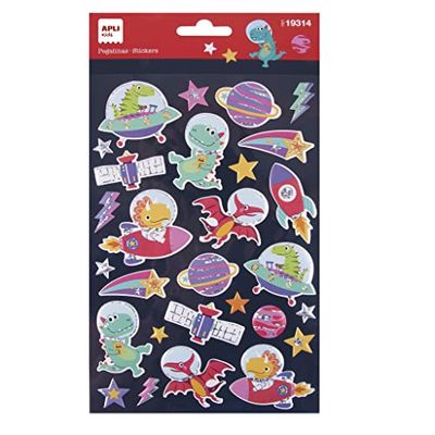 APLI Kids 19314 Dinosaurus-stickers in het heelal, 1 vel met 28 stickers, ideaal voor scrapbooking, decoratie, doe-het-zelf