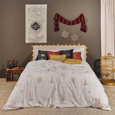 BELUM | Harry Potter dekbedovertrek met knopen, 50% katoen - 50% polyester, Hogwarts Gold Christmas 105 (180 x 220 cm)