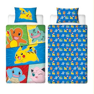 Set copripiumino singolo con licenza ufficiale Pokemon, design retrò, double-face, con personaggi Pikachu su 2 lati, con federa coordinata, perfetto per la camera dei bambini, in policotone