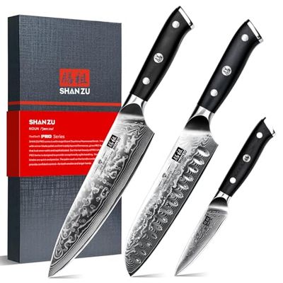 SHAN ZU Damascus Knife Set of 3 PCS, Japanese Damascus Steel 67 Layers Kitchen Knives Set High Carbon Professional Ultra-Sharp Chef Knife Set Ultra Sharp Cooking Utility Knife Set with G10 Handle
